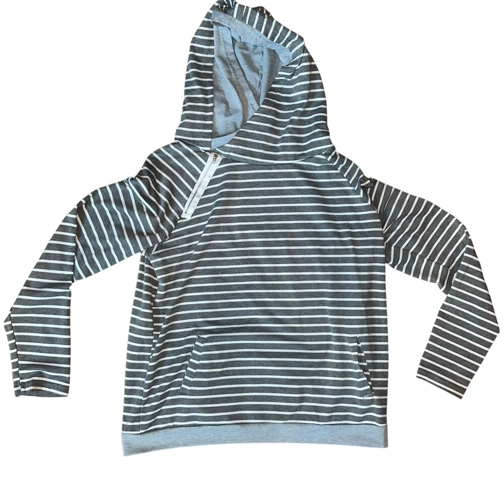 Plus Size Double Hooded Gray White Striped Hoodie Size 1X